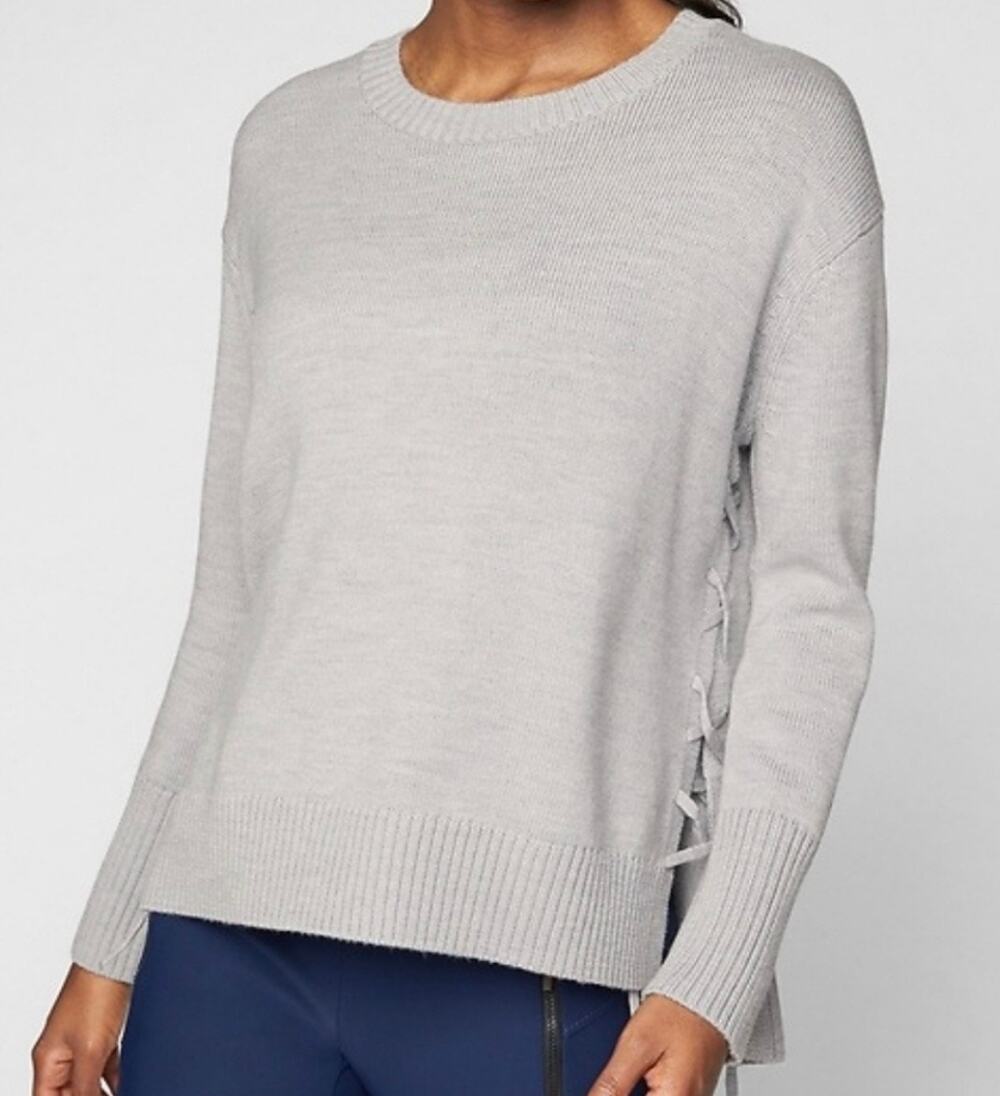 Athleta Nopa Sweater 100% Extra Fine Merino Wool Lace Up Detail Heathered Gray L